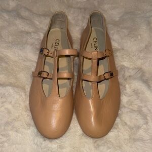 Celine Leather Double-Buckle T-Strap Flats